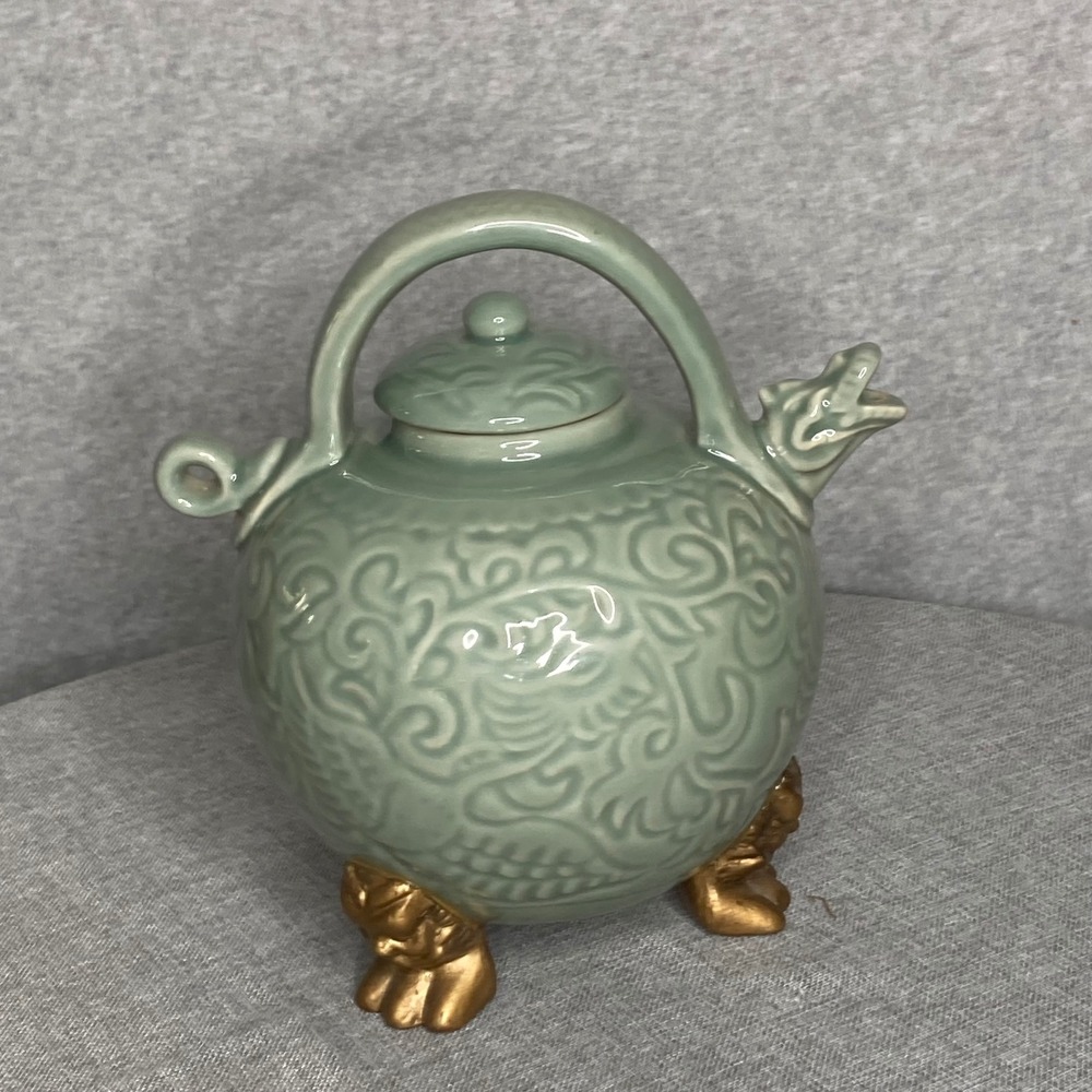 Celadon Footed Dragon‎ Teapot Asian Ceramic Kettle Green Gold Tea Pot Decor WCL